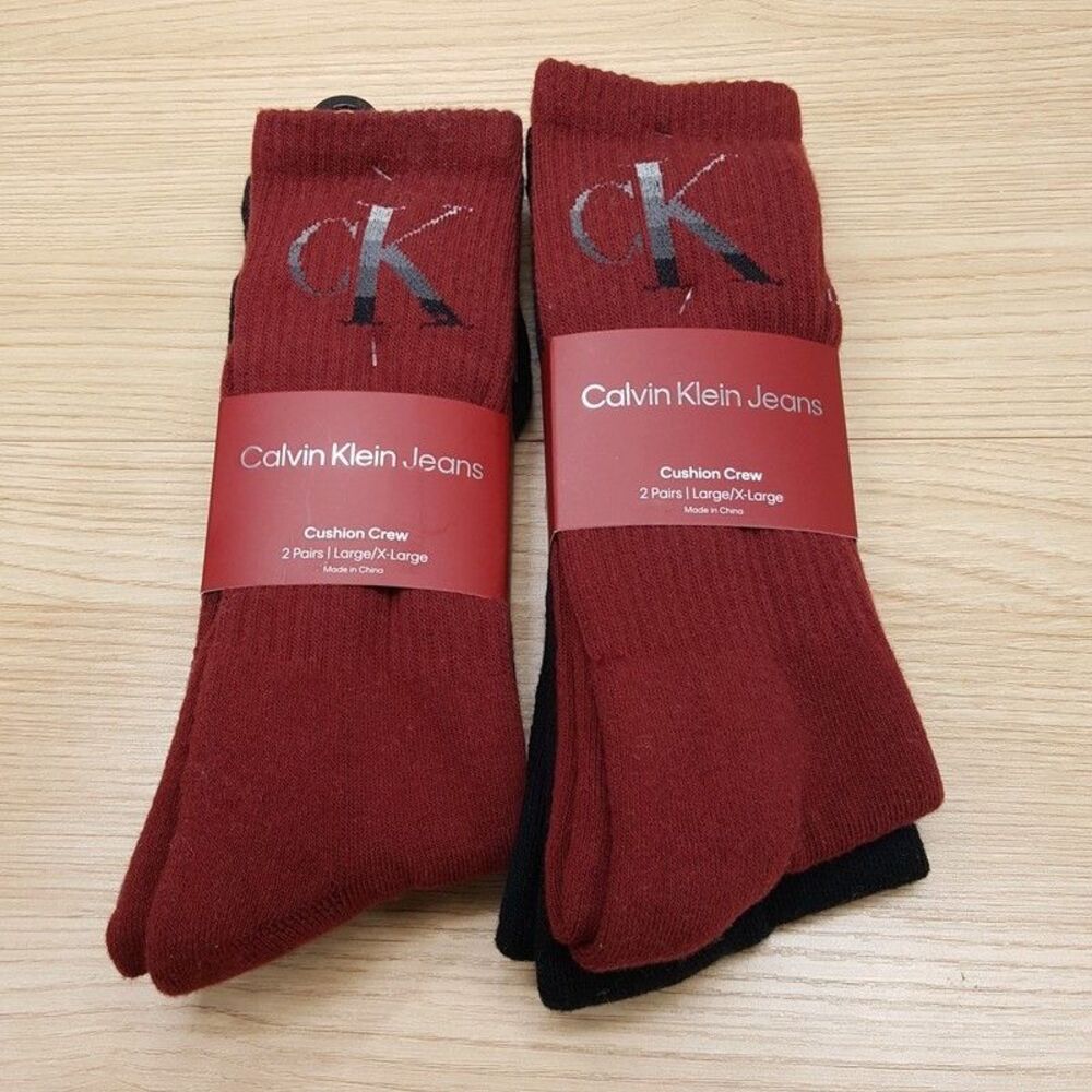 CALVIN KLEIN Crew Socks Maroon Black 4-Pairs Ribbed Cushion CK Logo